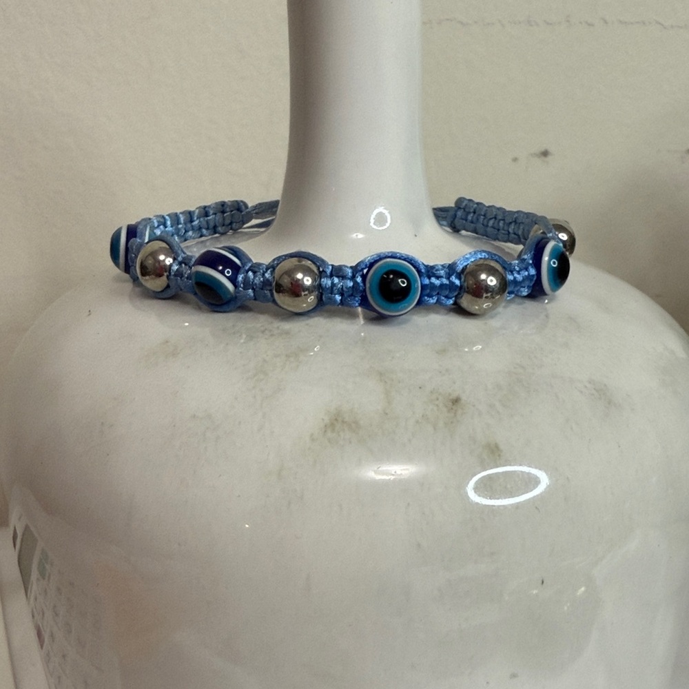 Adjustable Evil Eyes Bracelet on Blue Macrame and Silver Tone Beads